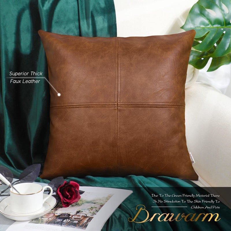 BRAWARM Faux Leather Throw Pillow Covers 18 X 18 Inches, Brown Leather Pillow Cover, Hand Stitched Leather Decorative Pillow Cover for Couch Sofa Bed Living Room Home Garden - Image 2
